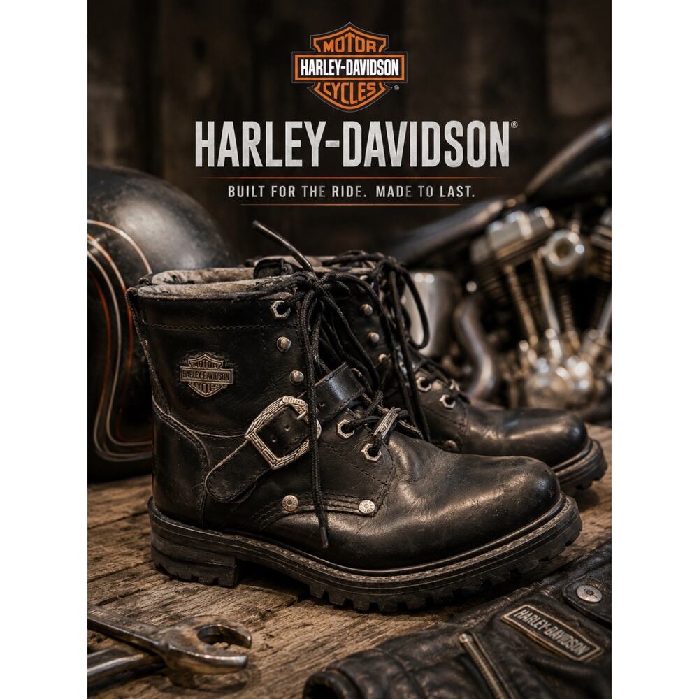 Harley-Davidson Vintage Black Leather Lace-Up Biker Boots
